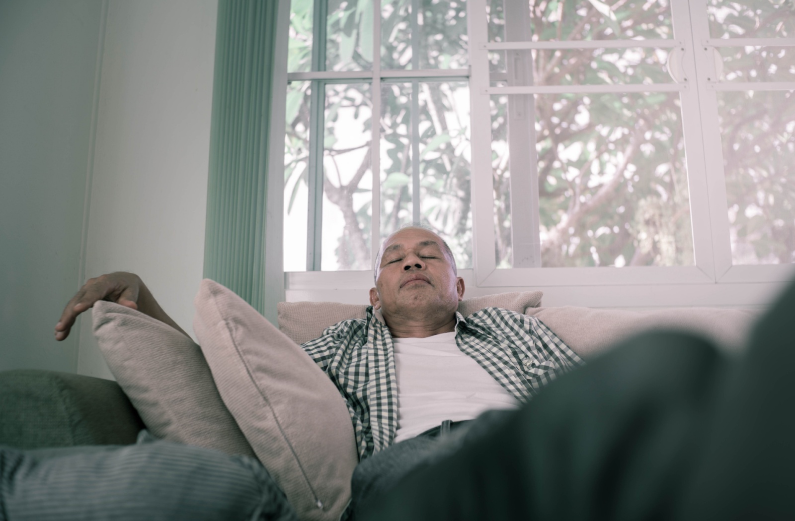 A senior with dementia accidentally falls asleep on the couch in the middle of the day because of how exhausted they are.