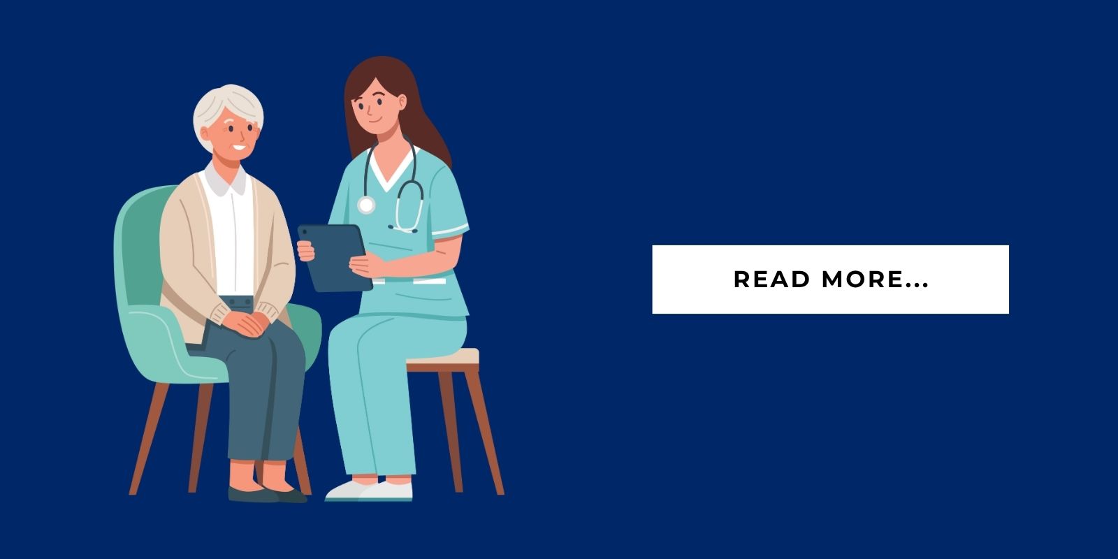 An illustration of a caregiver sitting with a senior next to a text block that says, "Read more..."