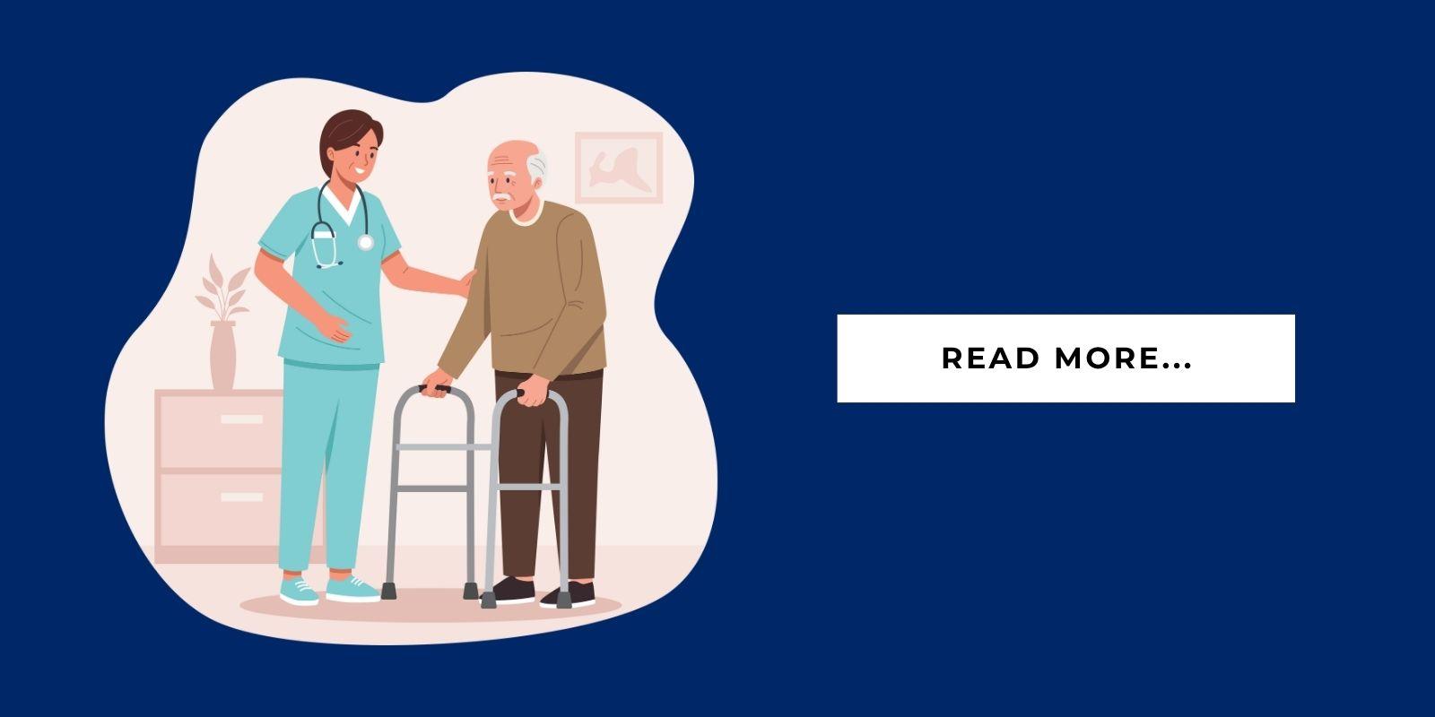 An illustration of a caregiver and a senior in assisted living with a button that says, "Read More..."