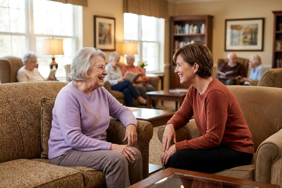 A family member visits their senior parent in an assisted living community.