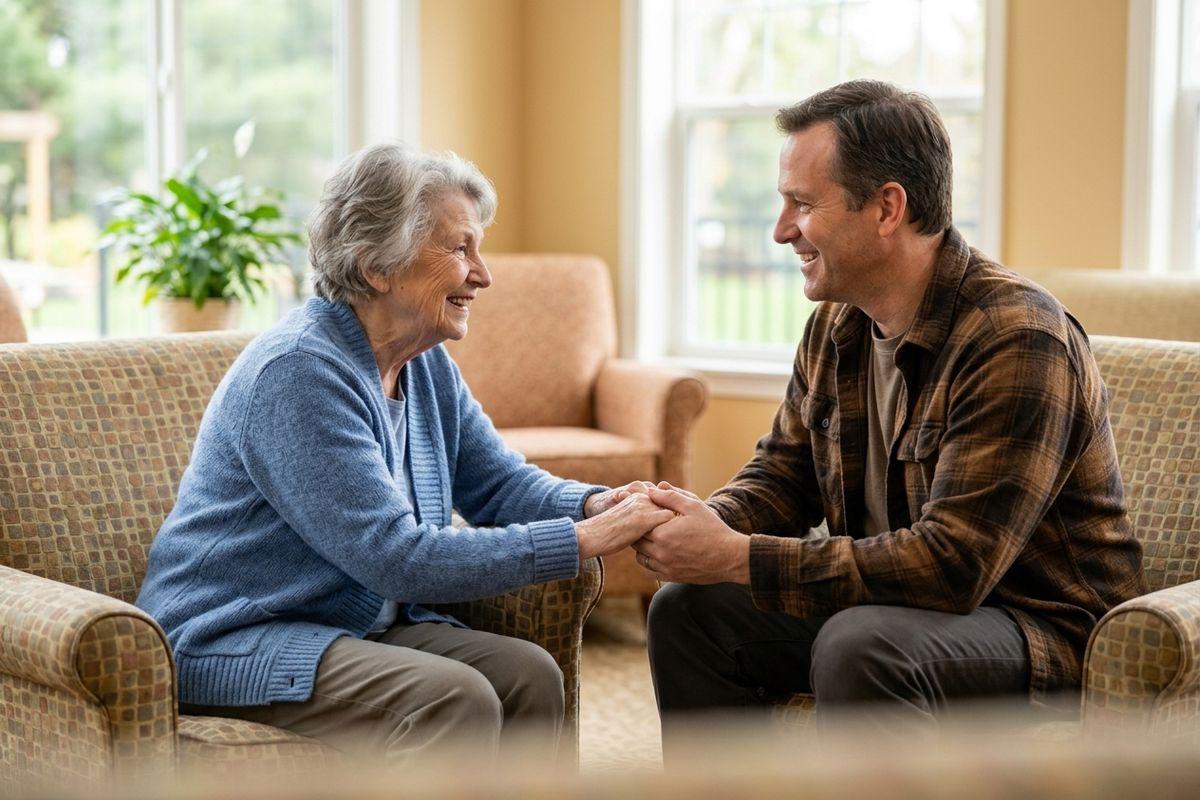 A senior holds the hands of their child in a bright, sunny room in senior living.