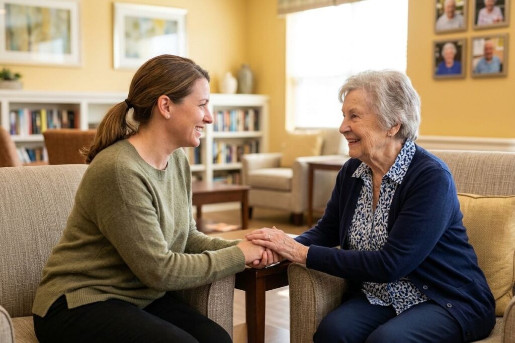 Caregiver and senior holding hands and smiling at each other