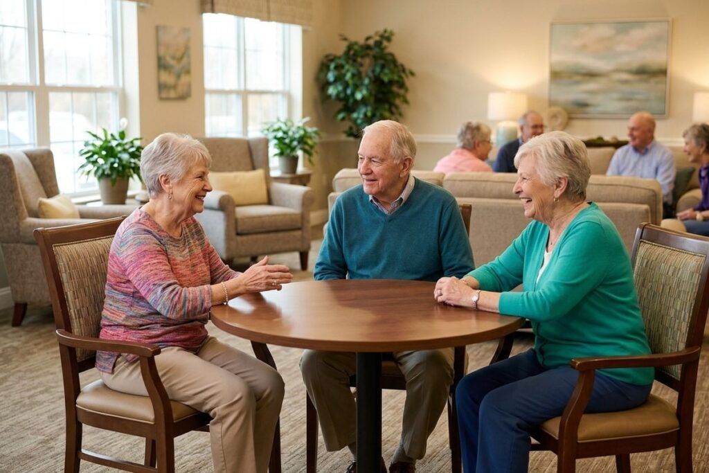 A group of seniors shares a laugh as they sit together in a bright, welcoming common area in a memory care community.