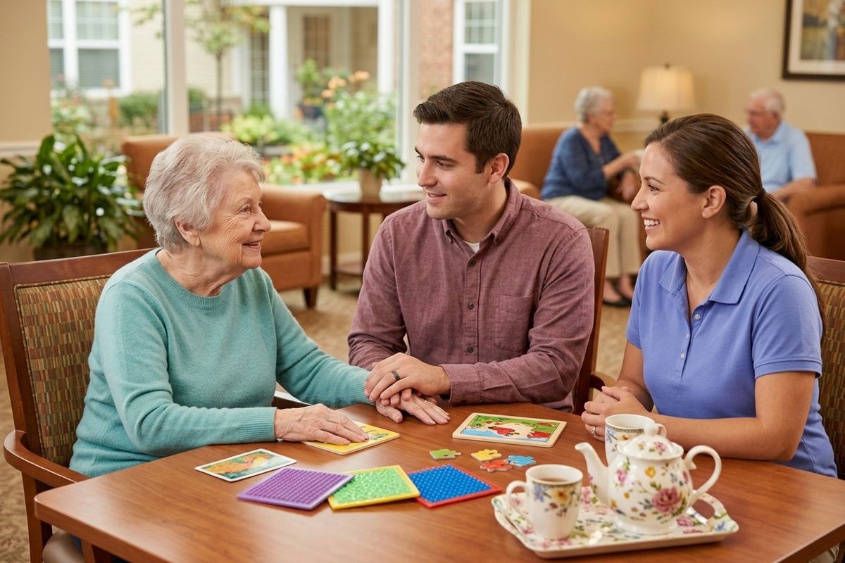 An older adult smiles as they sit with their visiting family members in a memory care community.
