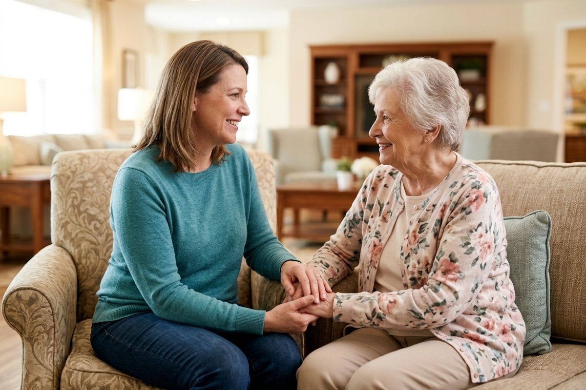 Senior and caregiver looking at each other and smiling