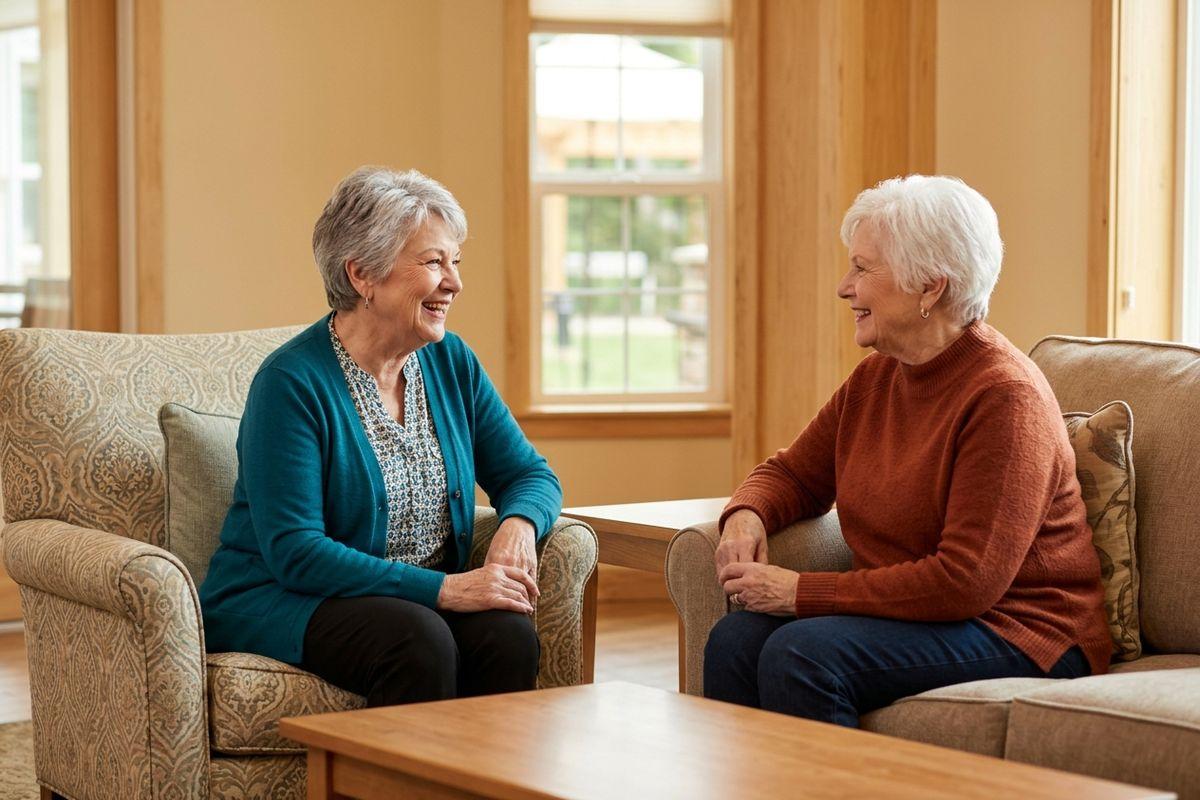 A pair of older adults enjoys a quiet conversation in a bright, welcoming common area at a senior living community.