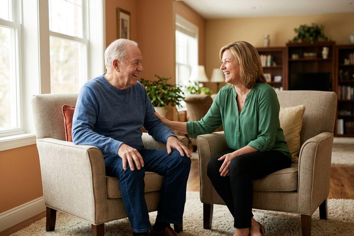 Two seniors sit in armchairs in a living room, laughing. One places a hand on the other's arm.