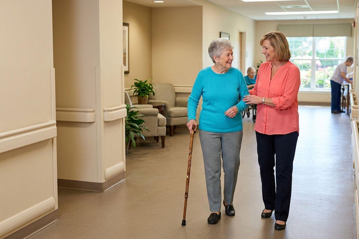A caregiver walks alongside a smiling senior resident through a bright, welcoming hallway.