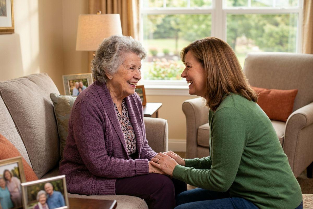 A senior and their family member share a laugh as they hold hands during a visit to a senior living community.