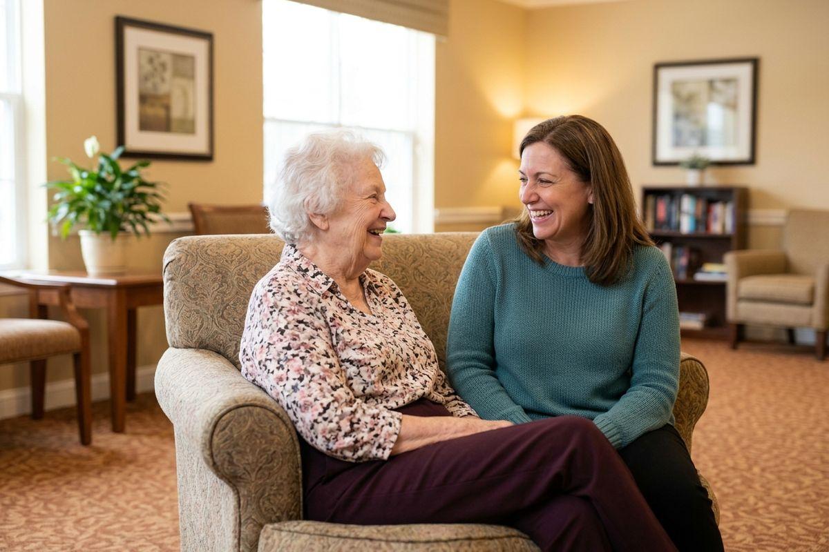 A senior and a middle-aged adult sit smiling on a patterned sofa, facing each other in a carpeted room with framed art, plants, and bookshelves.