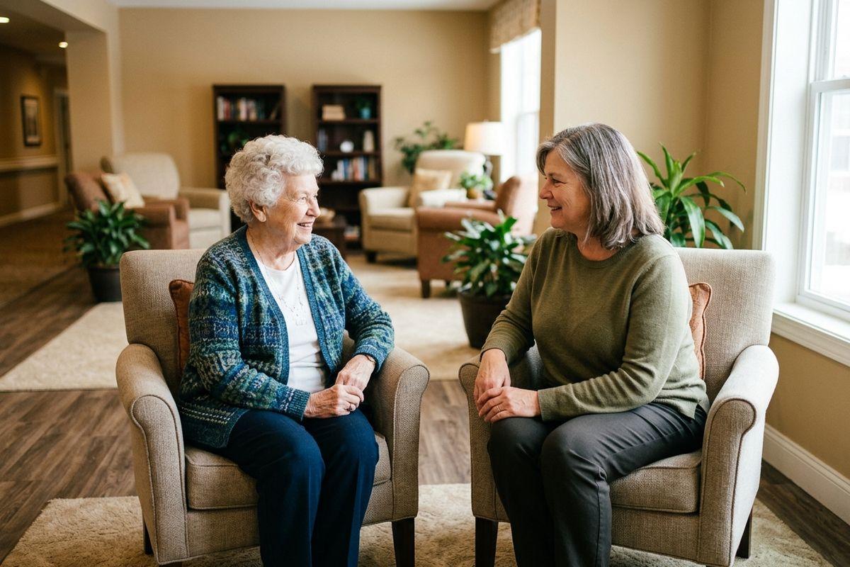 Two seniors enjoy a warm conversation together in a cozy living room.