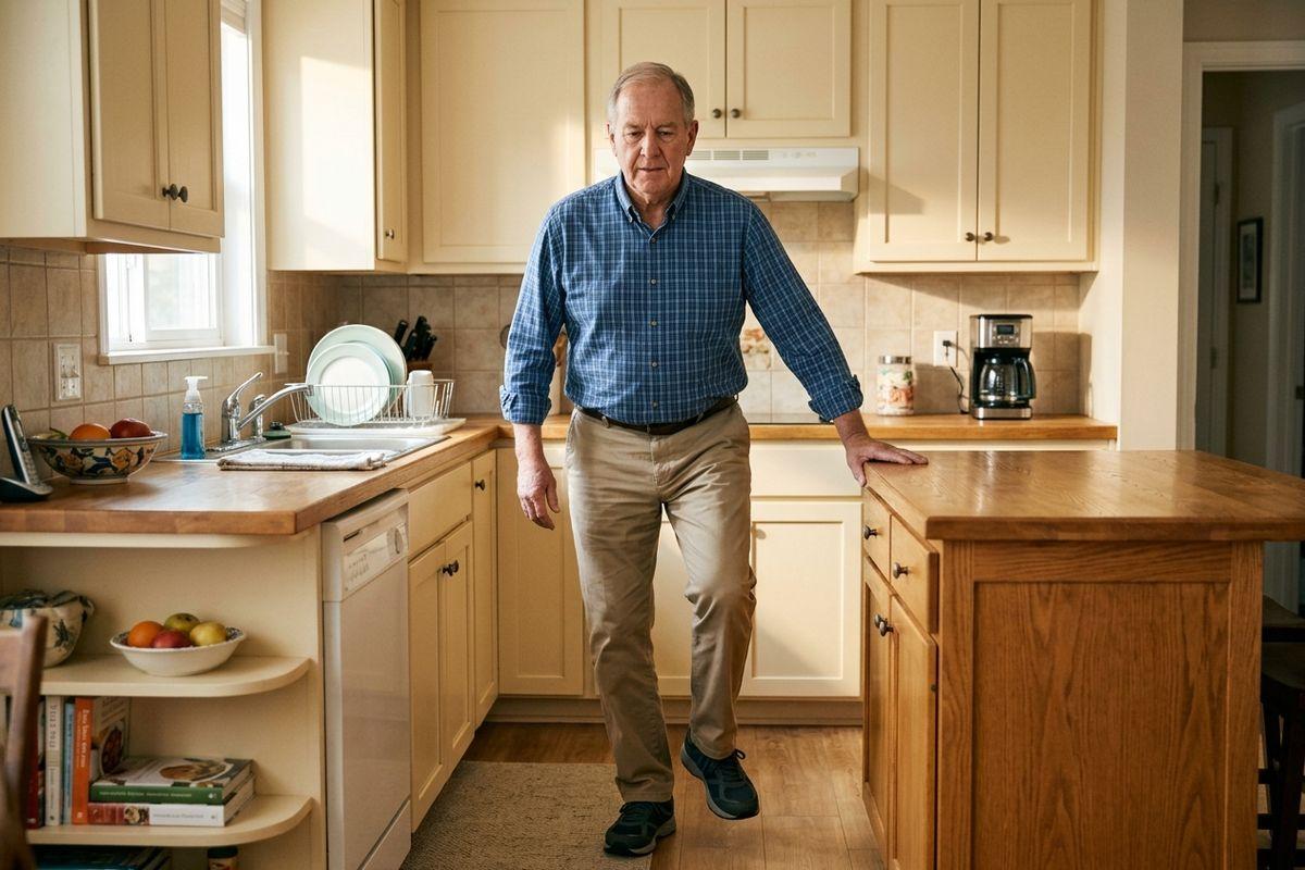 A senior walks slowly across a kitchen, steadying one hand on a wooden island counter and looking down at the floor.