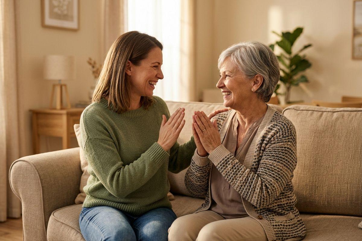 A senior and a younger woman sit facing each other on a beige sofa in a living room, smiling as they hold their palms up together.