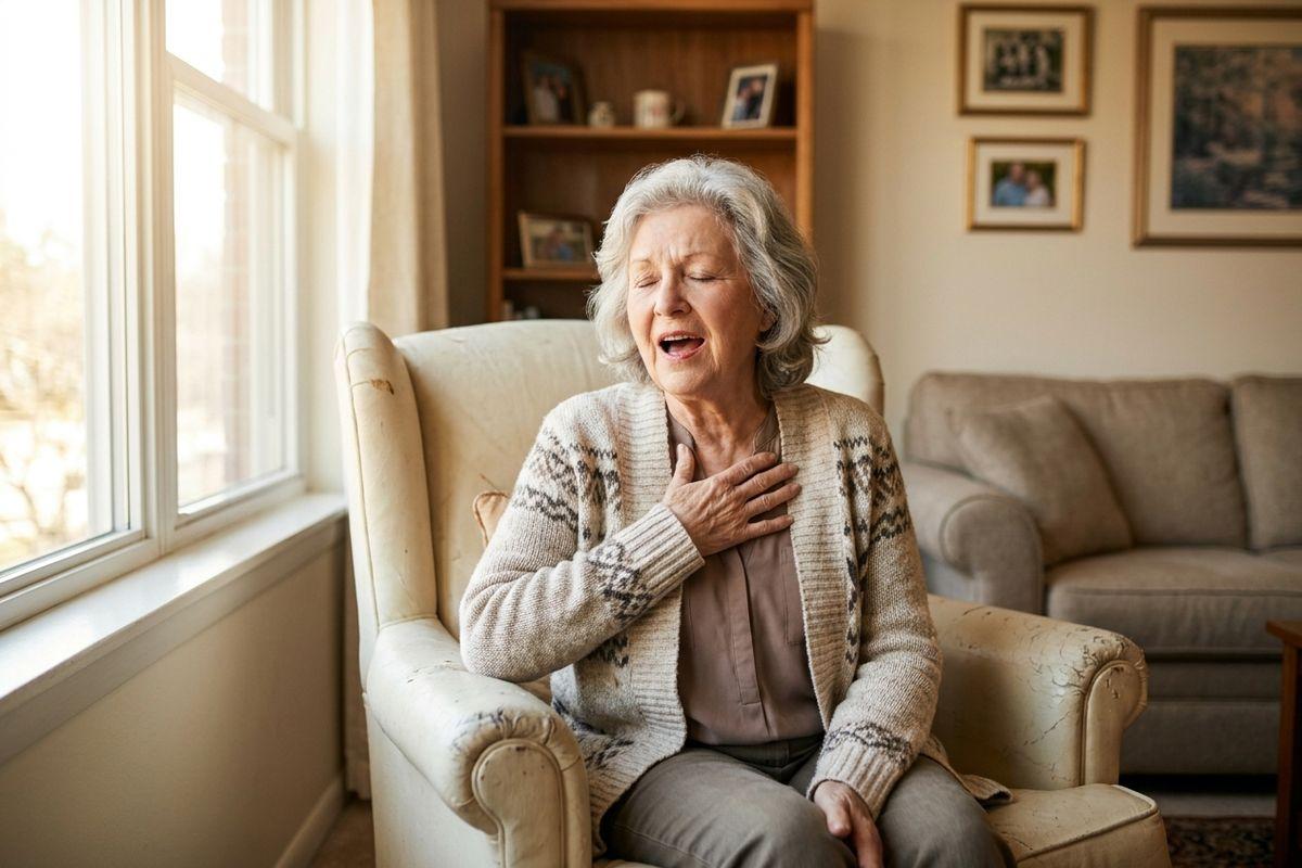 A senior sits in a cream armchair by a window, hand pressed to chest, eyes closed, and mouth open in a pained expression.