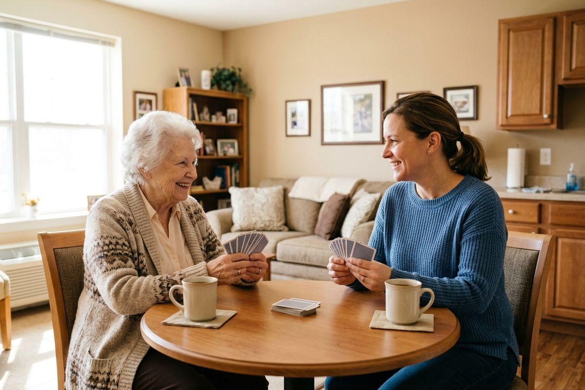 A senior and a younger woman smile while playing cards at a round table with mugs of coffee in a living room.