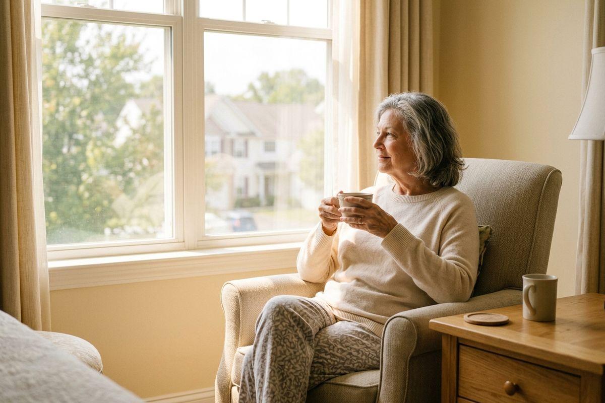 A senior with gray hair sits in an armchair by a sunlit window, holding a cup and smiling while looking outside.