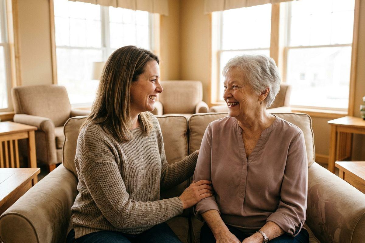 A senior and a younger woman sit smiling at each other on a couch in a sunlit living room, the younger one resting a hand on the older person's arm.