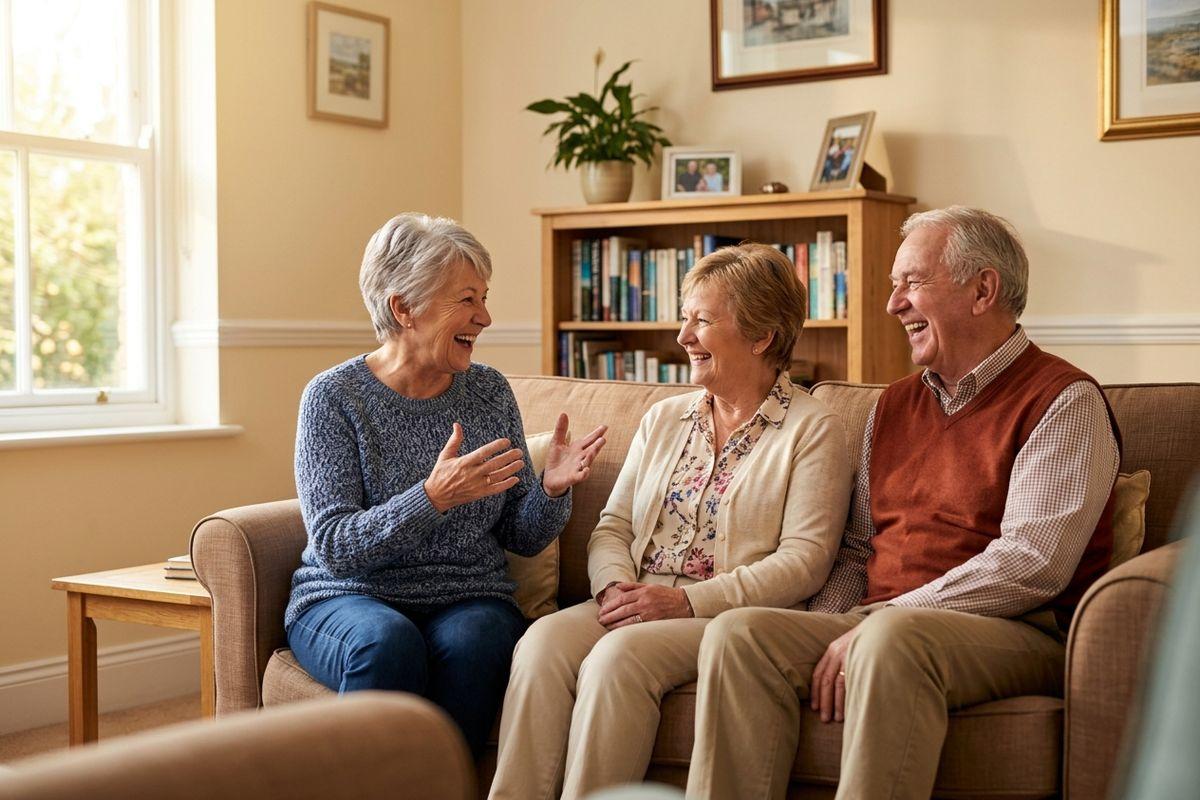 Three seniors sit together on a sofa in a living room, laughing and talking, with a bookcase and framed photos behind them.