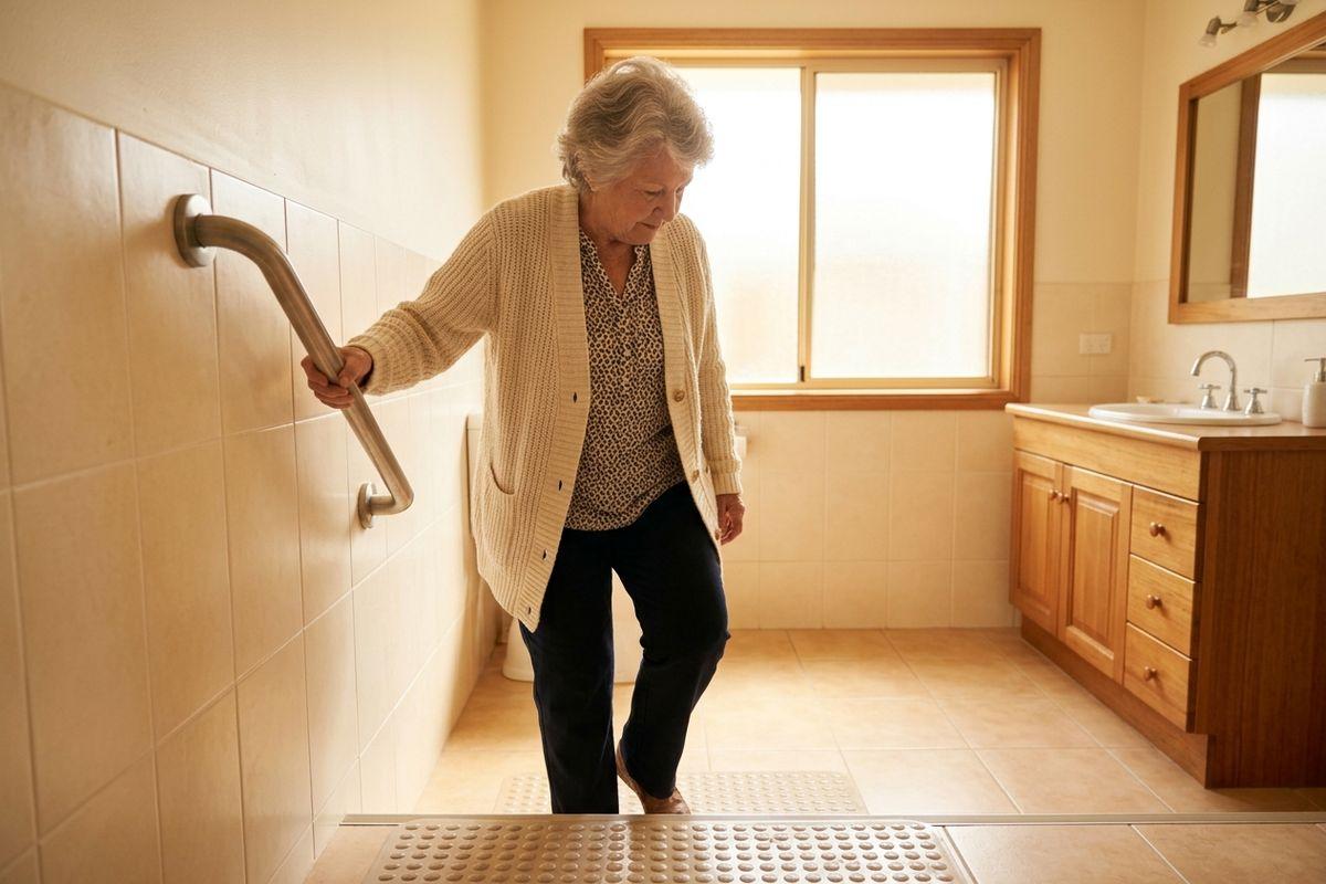 A senior holds a wall grab bar while stepping carefully onto a non-slip mat in a tiled bathroom, looking down at their feet.